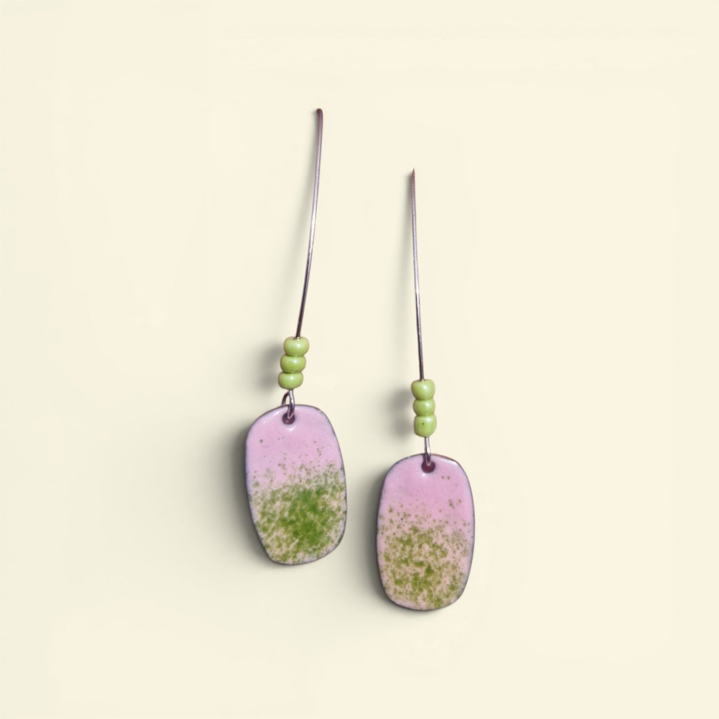 Lichen |Copper Enamel Drop Earrings | Pink & Green Speckled Handmade Earrings | Handmade in Ireland