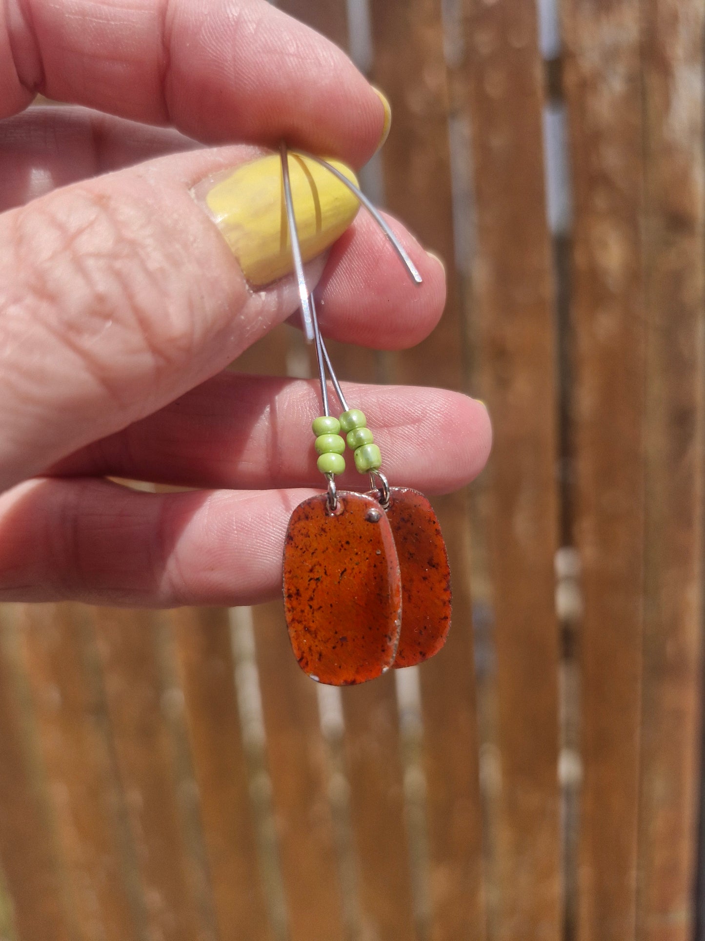 Lichen |Copper Enamel Drop Earrings | Pink & Green Speckled Handmade Earrings | Handmade in Ireland