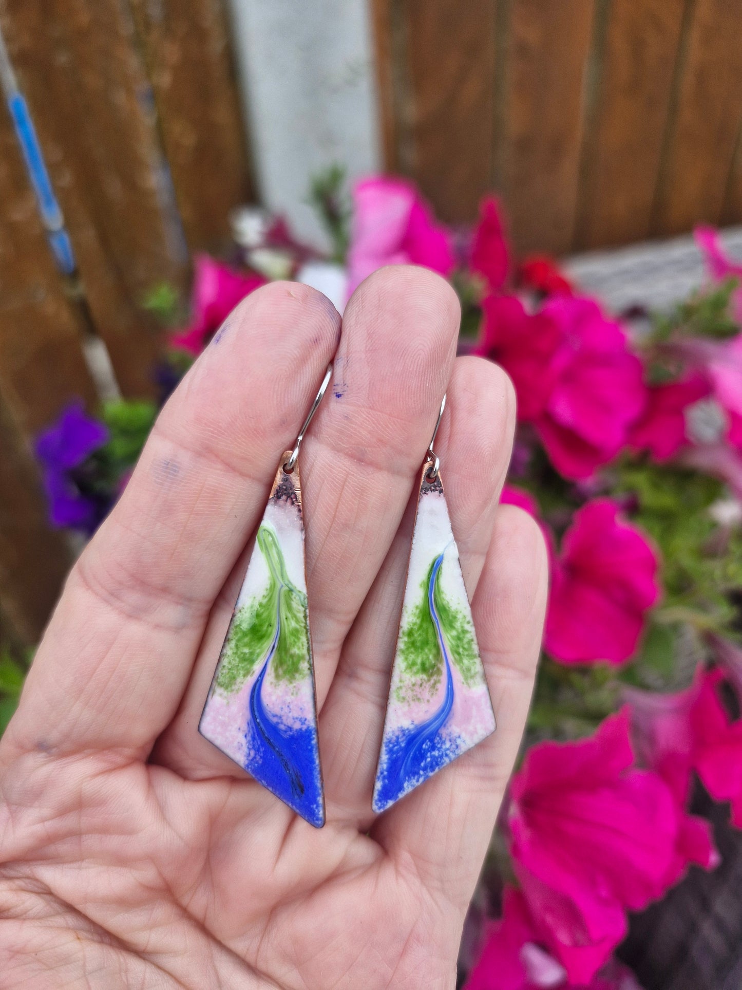 Handmade Irish Jewellery – Sonas Enamel Copper Earrings, Blue & Green Kite Drops